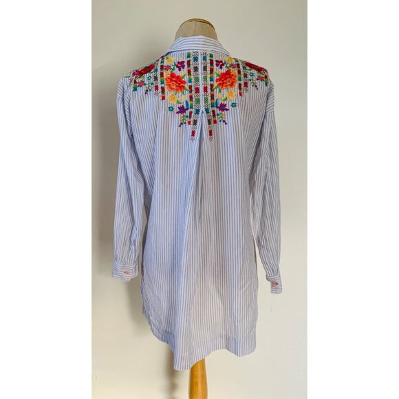 Johnny Was Small Cotton Striped WITH EMBROIDERED FLOWERS Tunic Tops - Picture 6 of 11